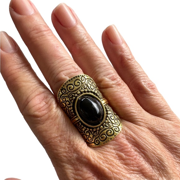 Boho Tribal Style Antique Gold Engraved Ring with Black Center Stone - Picture 1 of 6
